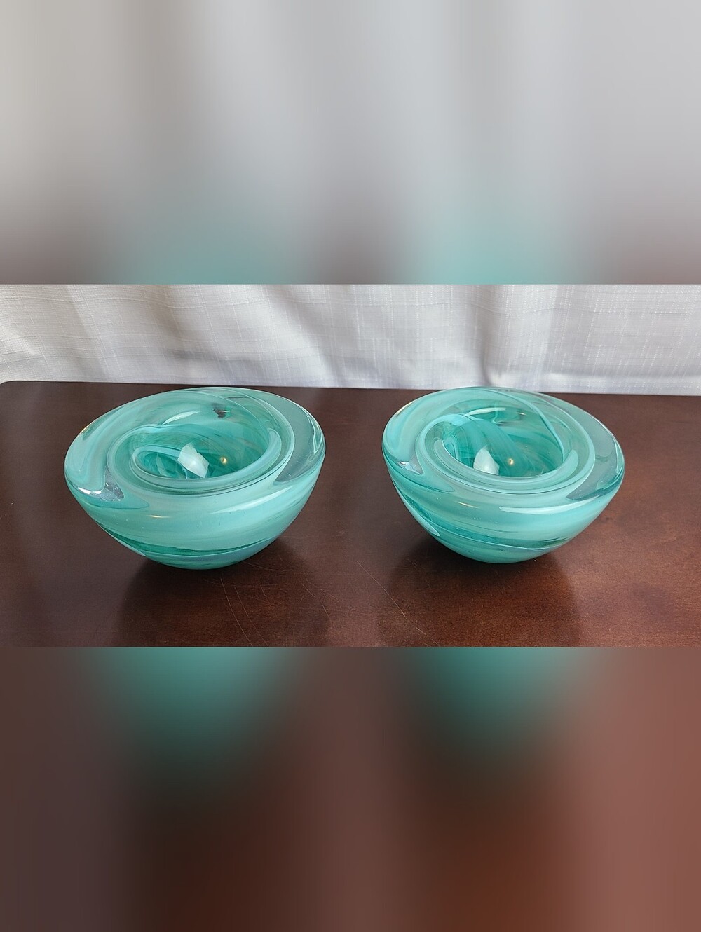 Kosta Boda Anna Ehrner Atoll Turquoise Swirl Art Glass Candle Holders Set